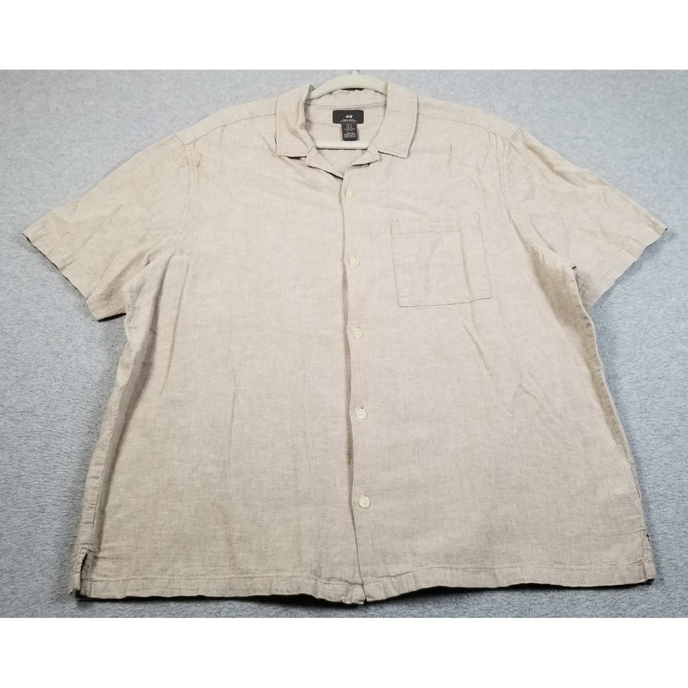 H&M Button Up Shirt Mens XL Beige Linen Blend Short‎ Sleeve Casual Summer Pocket